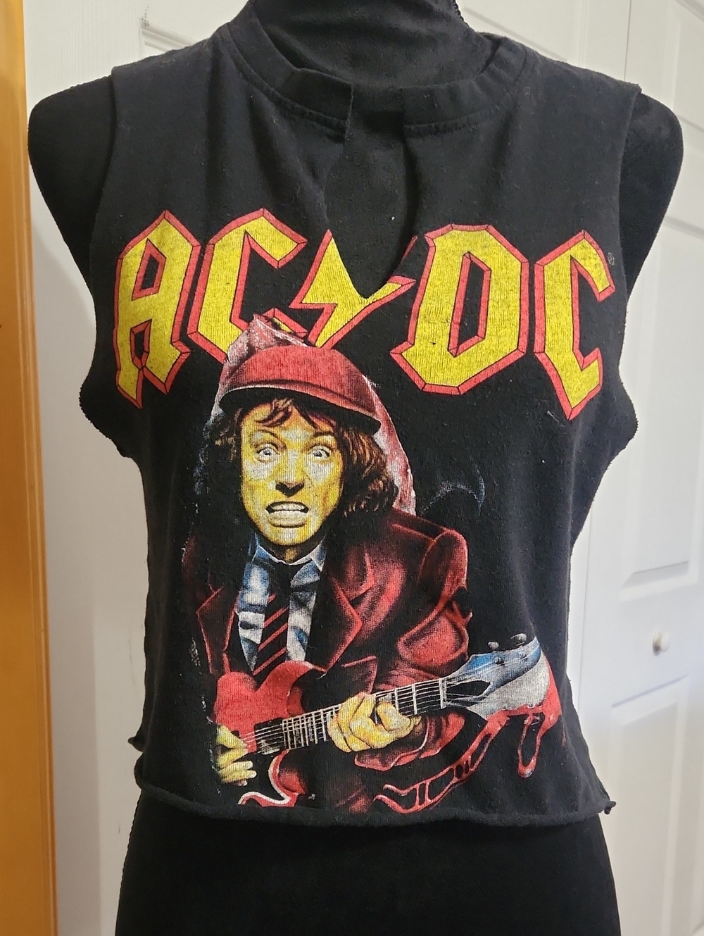 AC/DC Black Crop Top with Yellow & Red Band Logo. 1996 tour